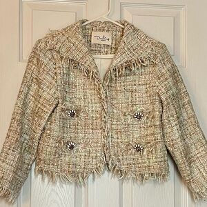 Darling London Cream Tweed Blazer Jacket Fringe Metallic Accents US 8/ UK 12